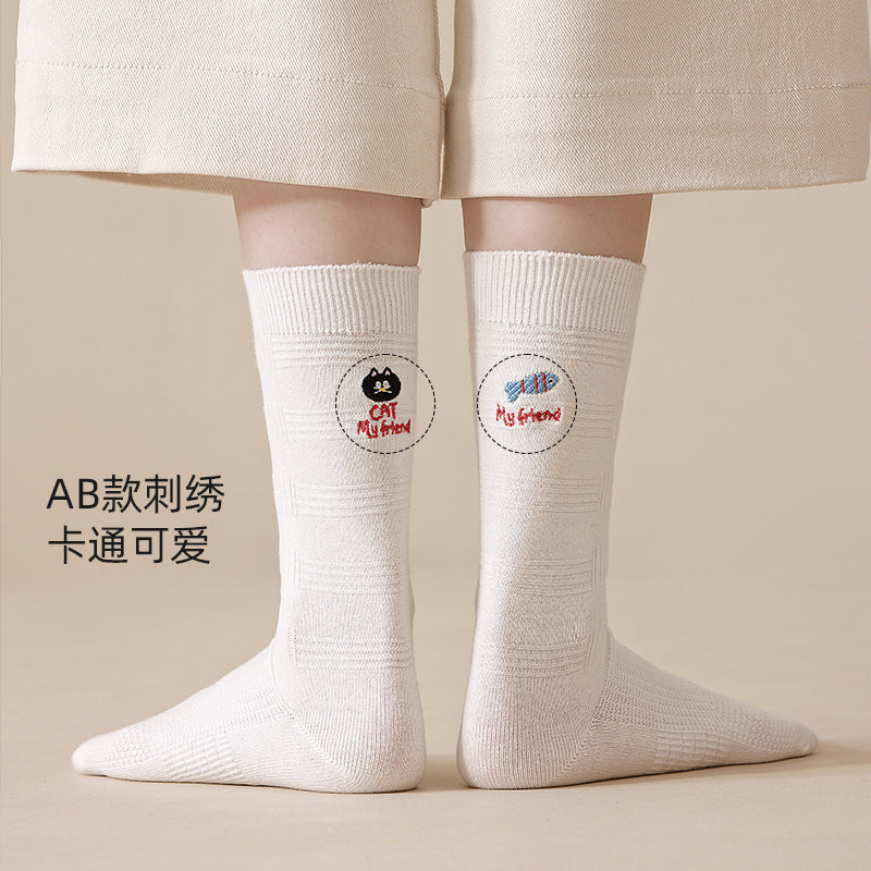精梳棉袜子女美拉德秋冬季中筒日系堆堆袜卡通刺绣咖色双针中筒袜