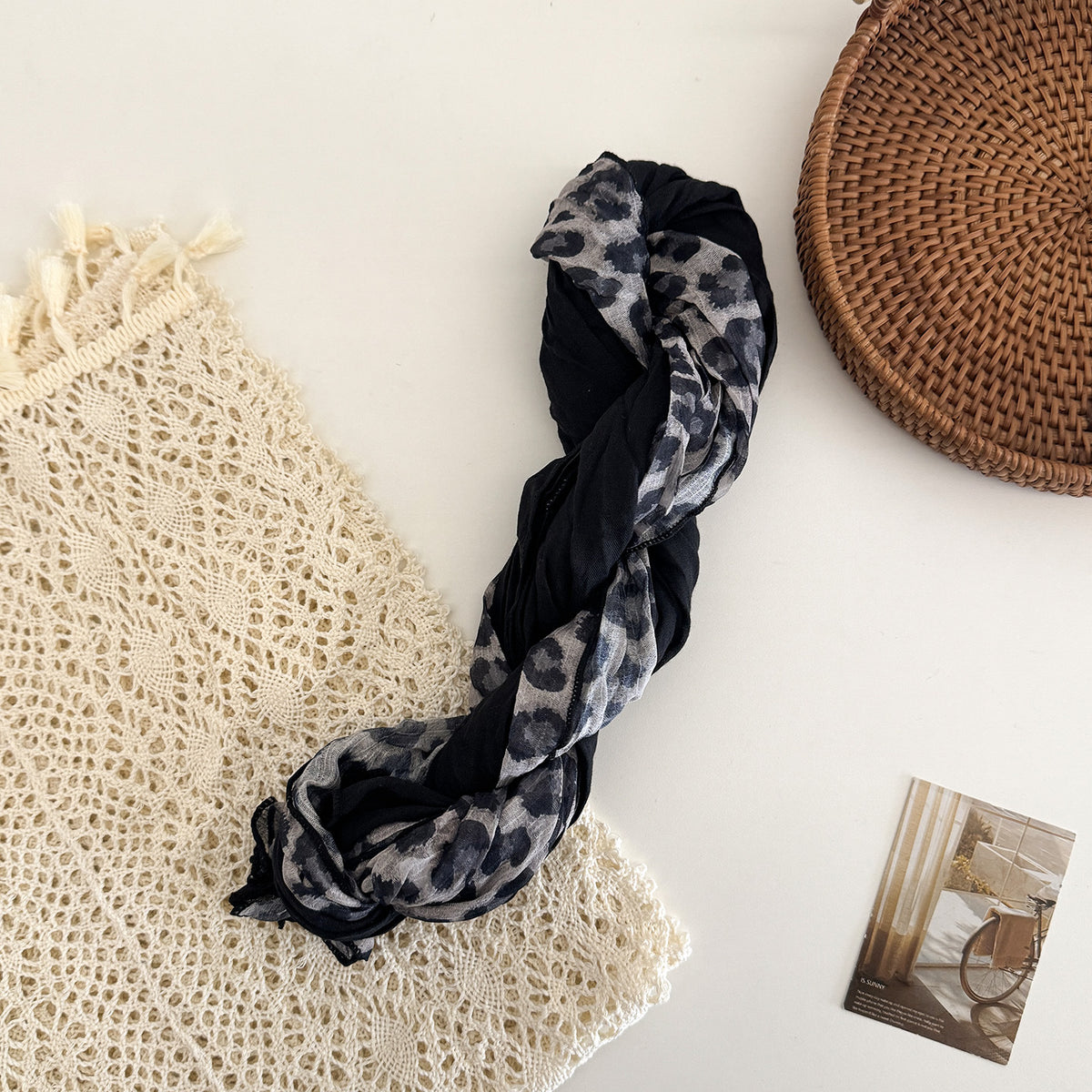 Scarvii - Crinkled Leopard Print Long Rectangular Scarf