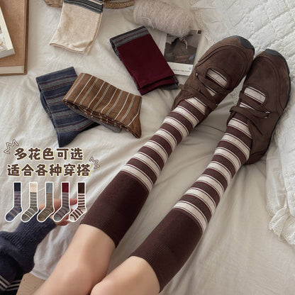 CHEEMYFREE秋冬保暖复古文艺撞色拼条中长筒小腿女袜显瘦小腿女袜