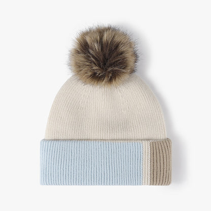 Beige colorblock plush lined pom knit beanie