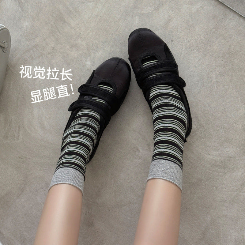 远润家秋冬复古条纹袜子女春百搭老钱风撞色无骨堆堆棉袜女