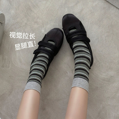 远润家秋冬复古条纹袜子女春百搭老钱风撞色无骨堆堆棉袜女