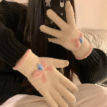 蝴蝶结分指手套女冬季ins加绒加厚毛绒保暖骑行针织可爱少女潮