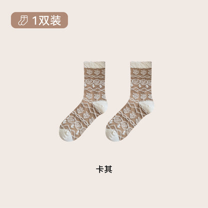 CHEEMYFREE秋美拉德焦糖碎花花边中筒袜子女复古咖色无骨堆堆袜女