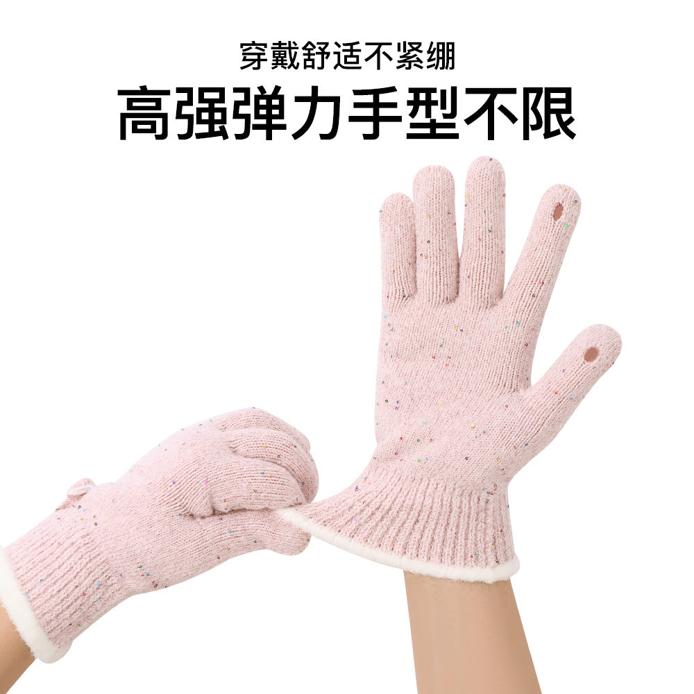 冬季成人手套女彩点蝴蝶结露指骑行手套女户外双层加厚保暖手套男
