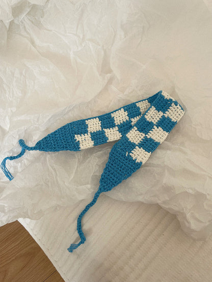 Scarvii Summer Crochet Plaid Hairband laid out flat showing full design