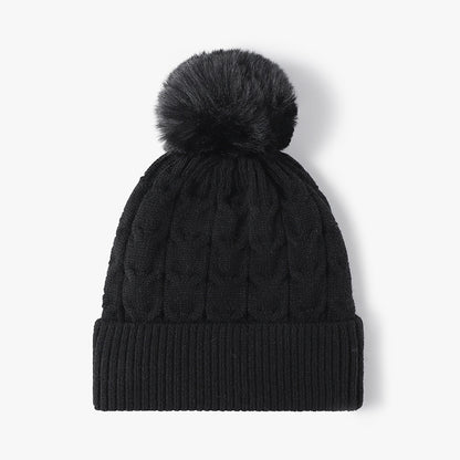 Black plush lined cable knit pom beanie