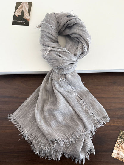 Product image for Scarvii - Gauzy Openwork Stripe Fringed Scarf (Light Gray)