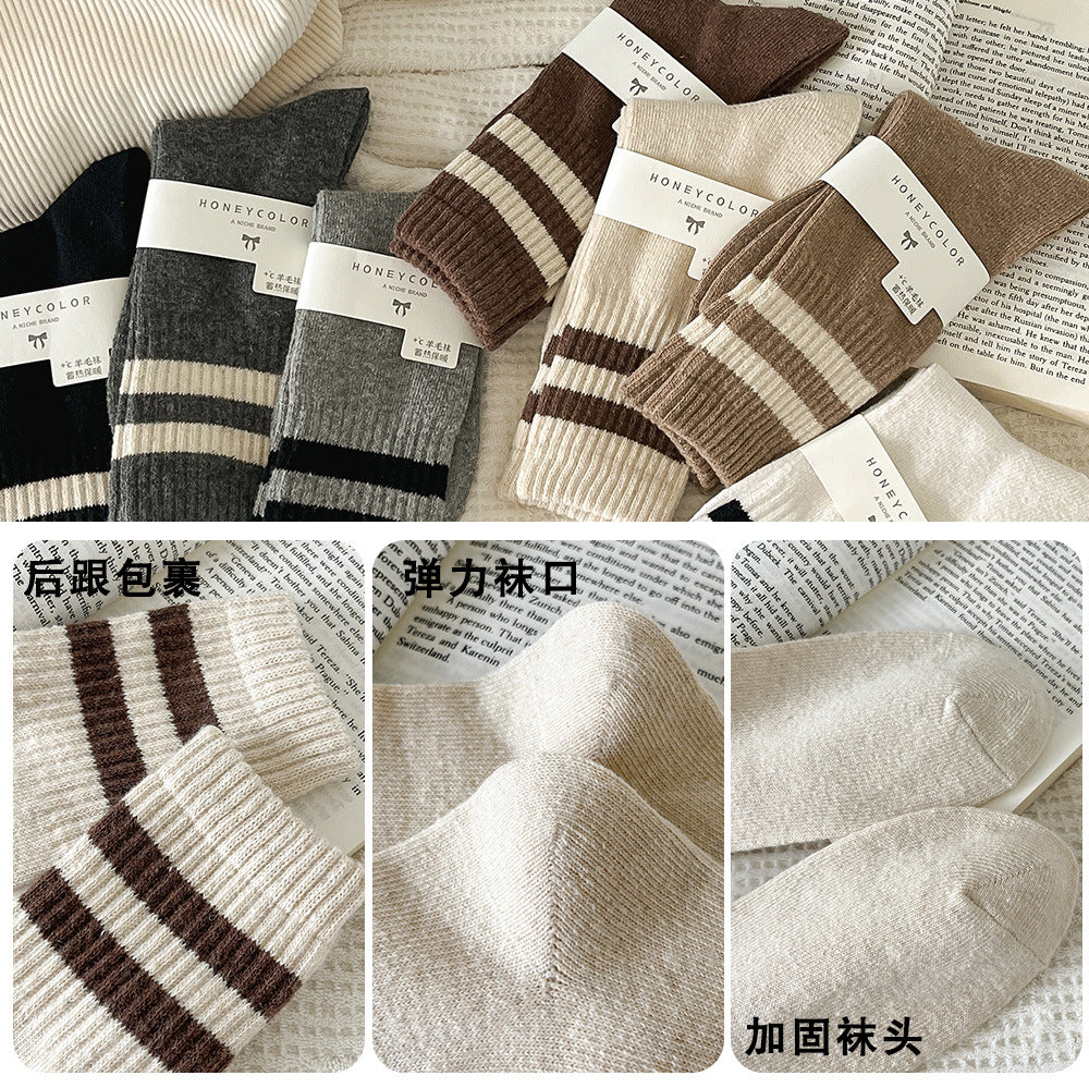 条纹袜子女秋冬羊毛袜加厚保暖堆堆袜学院风堆堆袜中筒袜地板袜