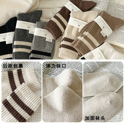 条纹袜子女秋冬羊毛袜加厚保暖堆堆袜学院风堆堆袜中筒袜地板袜