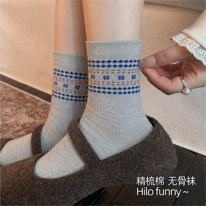 日系文艺小花中筒袜子女木耳边灰色提花百搭ins风堆堆无骨棉袜