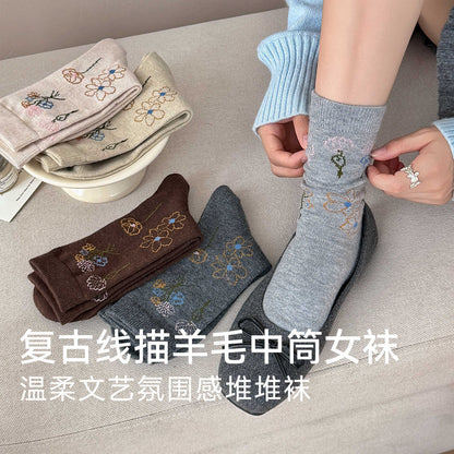 CHEEMYFREE复古色线描花卉羊毛百搭中筒袜子女韩系小花保暖堆堆袜