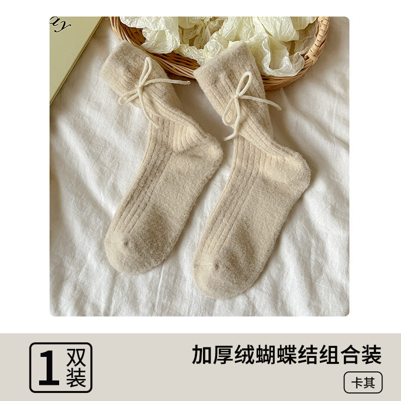 阿程家批发澳绒袜子女士秋冬加绒加厚中筒袜保暖冬季蝴蝶结堆堆袜