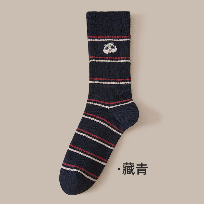 堆堆袜子女秋冬新款可爱卡通刺绣中筒袜百搭条纹双针无骨透气棉袜