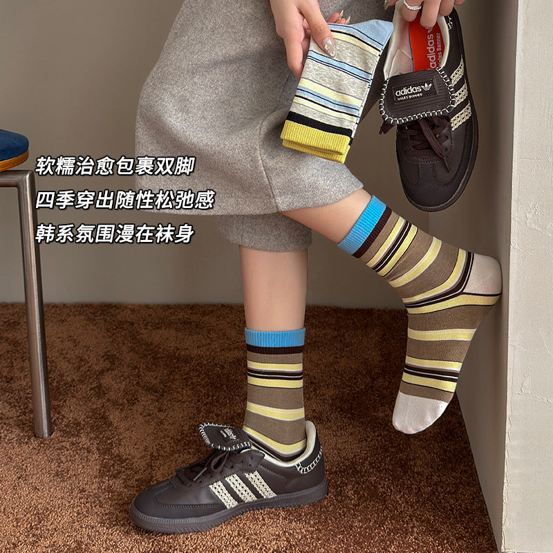 阿程家批发袜子女款条纹无骨中筒袜ins韩系秋冬棉袜日系复古堆堆