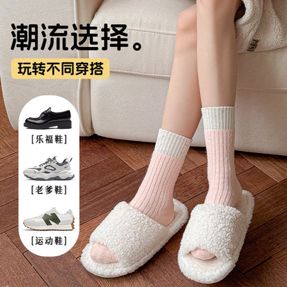 阿程家批发超柔澳绒秋冬加绒加厚保暖中筒马卡龙拼色百搭女袜堆堆