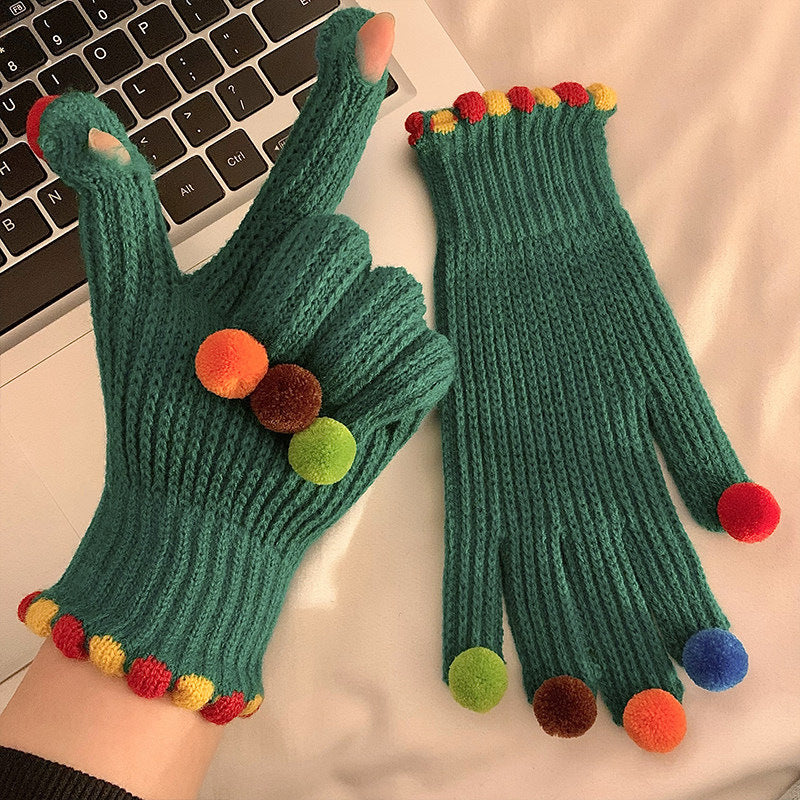 Gloving - Multicolor Pom-Pom Ribbed Gloves