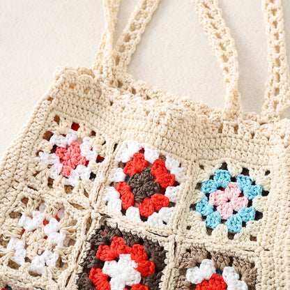 Cosbai Bohemian crochet woven tote bag laying flat showing full shape