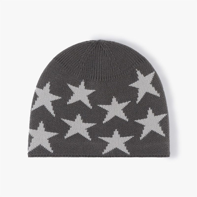 Gray star jacquard fleece-lined knit beanie product view