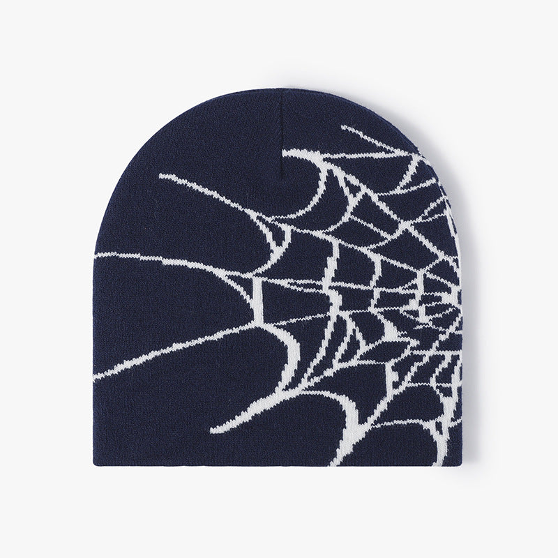 Navy spiderweb graphic brimless knit beanie product view