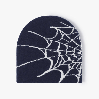 Navy spiderweb graphic brimless knit beanie product view