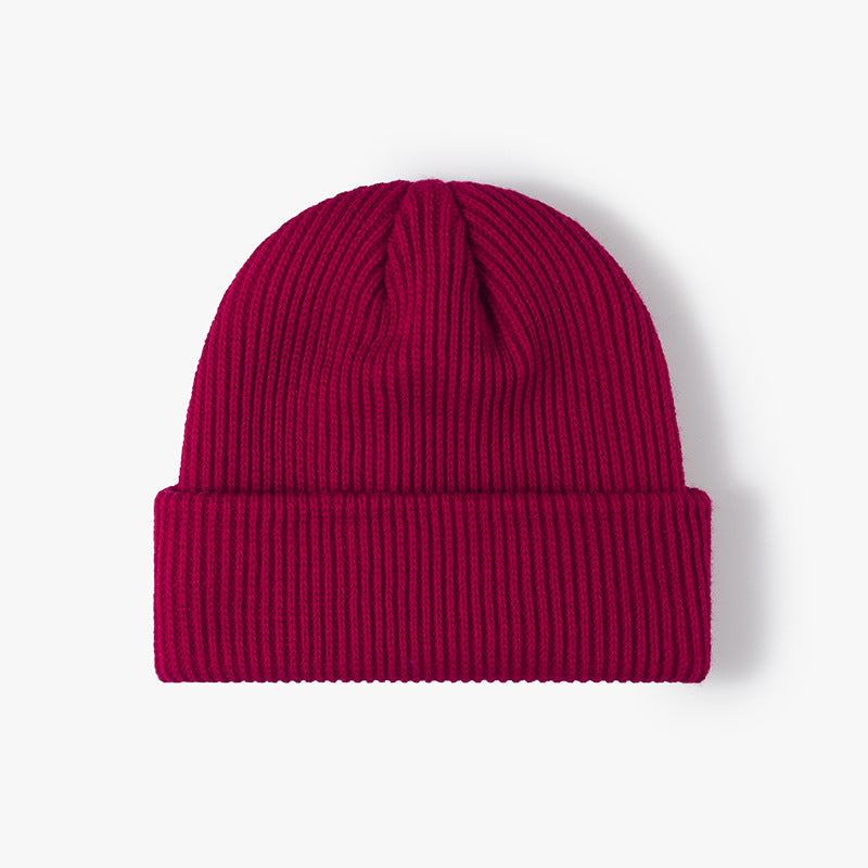 Red solid ribbed cuffed acrylic knit beanie product view