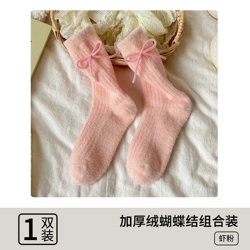 阿程家批发澳绒袜子女士秋冬加绒加厚中筒袜保暖冬季蝴蝶结堆堆袜