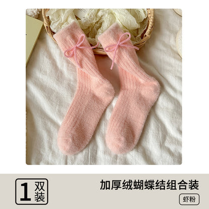 阿程家批发澳绒袜子女士秋冬加绒加厚中筒袜保暖冬季蝴蝶结堆堆袜
