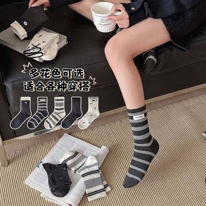 CHEEMY FREE秋冬韩系条纹蝴蝶结灰白色休闲中筒袜子女花边ins风袜