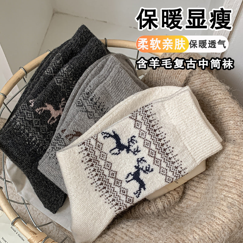 秋冬保暖羊毛袜复古风点子纱中筒袜女韩版堆堆袜子诸暨袜子批发