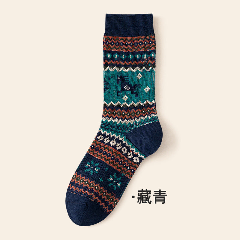 复古民族风中筒女袜秋冬季新款美拉德堆堆袜双针双路百搭马年袜子