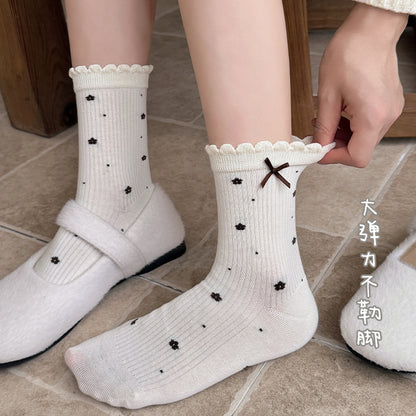 蝴蝶结波点袜子女款中筒袜春秋花边堆堆袜蓝咖条纹百搭无骨长筒袜