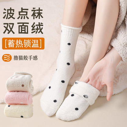 阿程家批发袜子女款秋冬加绒加厚保暖绒月子袜睡眠波点卷边堆堆袜