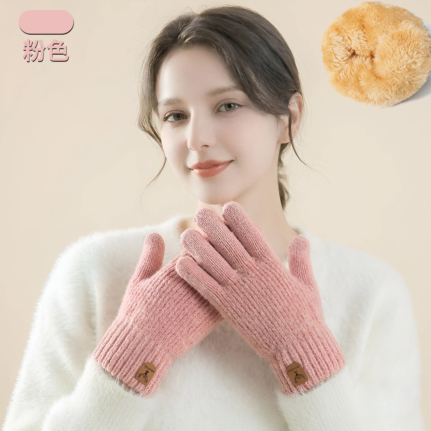 新款触屏手套冬季女士针织手套防寒双层加绒加厚户外骑行保暖手套