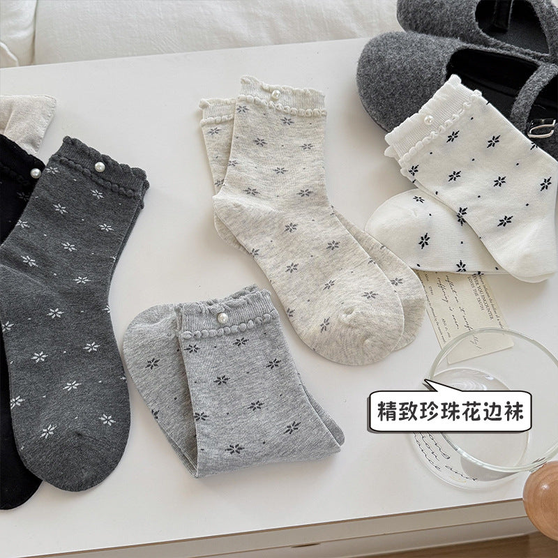 灰色袜子女秋冬花边中筒袜秋季女生无骨棉袜ins韩系芭蕾风堆堆袜