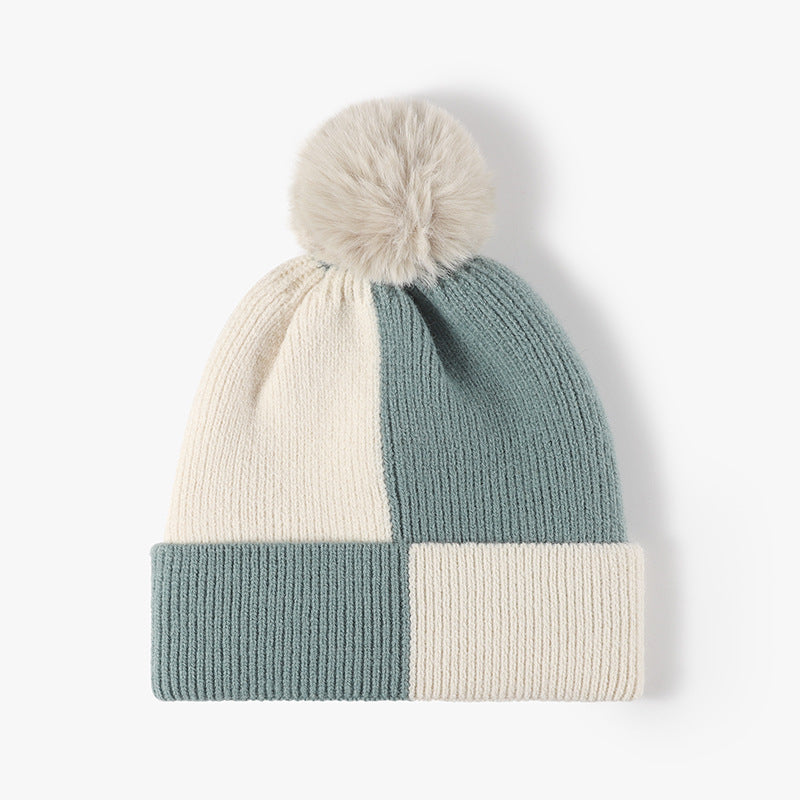 Mint colorblock fleece-lined pom-pom beanie product view