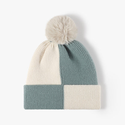Mint colorblock fleece-lined pom-pom beanie product view