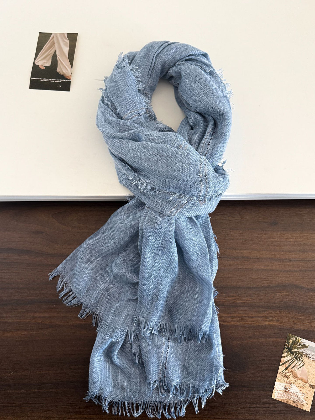 Product image for Scarvii - Gauzy Openwork Stripe Fringed Scarf (Light Blue)