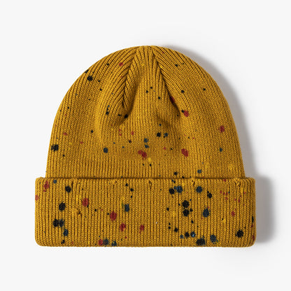 Yellow paint splatter cuffed knit beanie product view