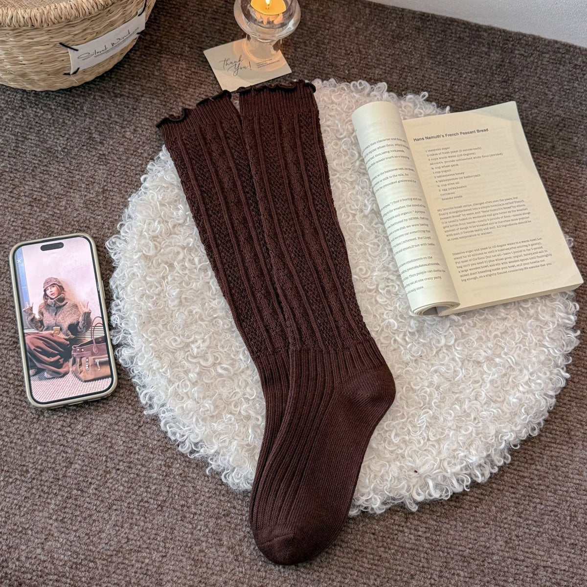 早秋新品小腿袜子女士秋季花边镂空慵懒风韩系堆堆袜配勃肯鞋长袜