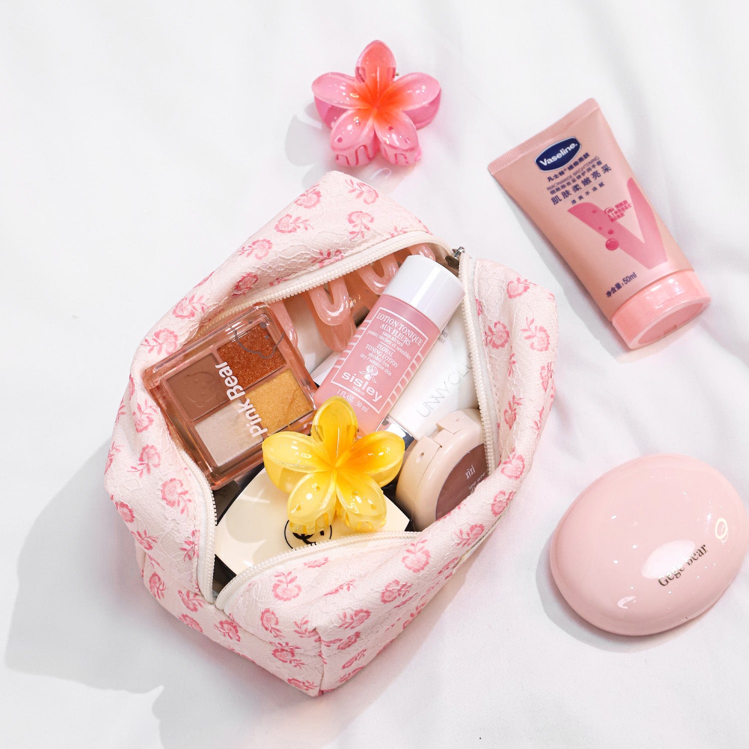 Cosbai small floral makeup organizer shown from a side angle highlighting its compact size