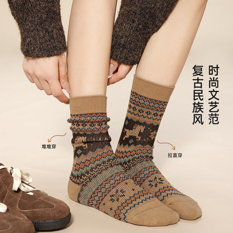 复古民族风中筒女袜秋冬季新款美拉德堆堆袜双针双路百搭马年袜子