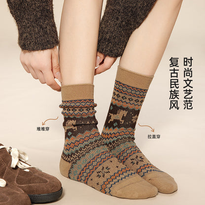 复古民族风中筒女袜秋冬季新款美拉德堆堆袜双针双路百搭马年袜子