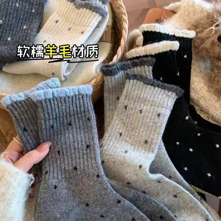 波点羊毛袜子女中筒袜秋冬季款加厚加绒保暖灰色勃肯鞋冬天长筒袜