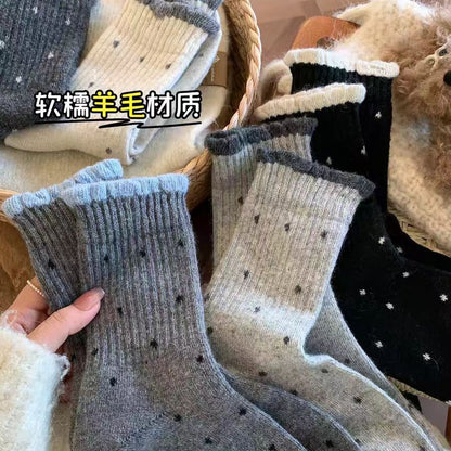 波点羊毛袜子女中筒袜秋冬季款加厚加绒保暖灰色勃肯鞋冬天长筒袜