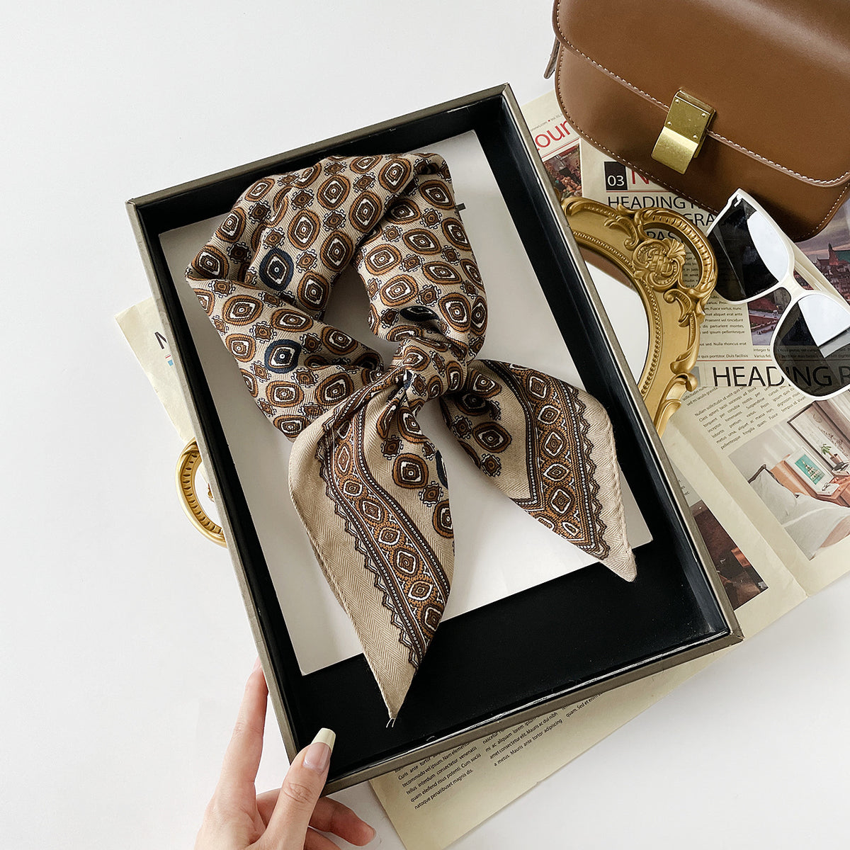 Product image for Scarvii - Geometric Border Square Scarf (Coffee)