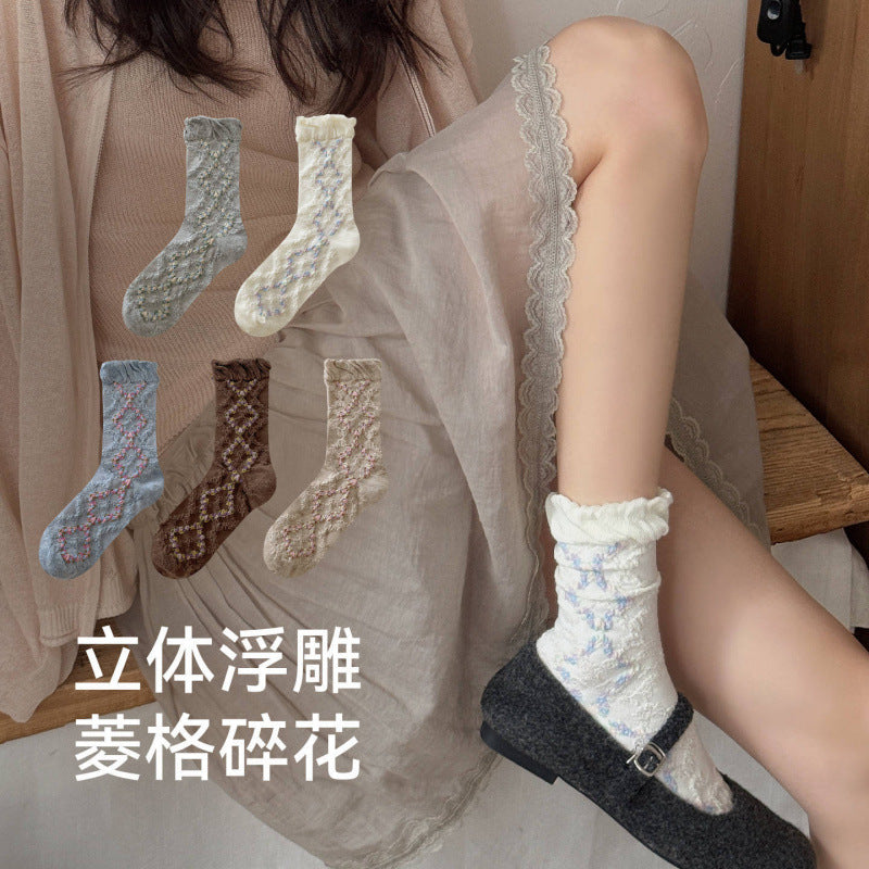 远润家秋冬复古森系立体浮雕花边中筒袜子女森系无骨堆堆棉袜