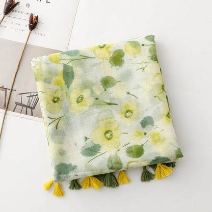 Mint Watercolor Floral Tassel Wrap Scarf, folded pattern detail