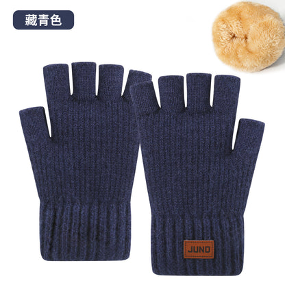 秋冬季漏指手套加绒针织防寒保暖半截写字毛线加厚半指手套