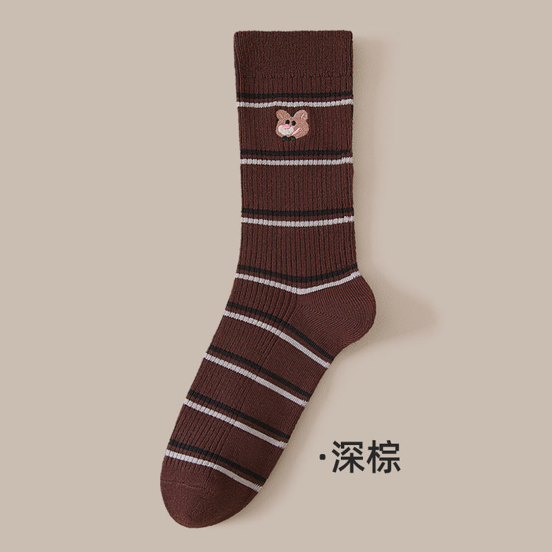 堆堆袜子女秋冬新款可爱卡通刺绣中筒袜百搭条纹双针无骨透气棉袜